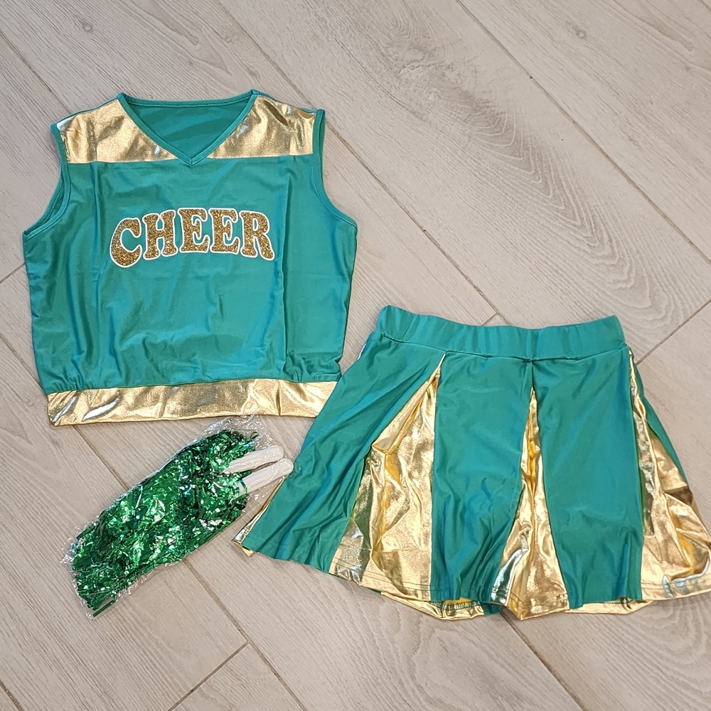 Green And Gold Cheerleading Costume With Pom Poms